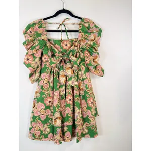 Misa Dress Green Kate Mini Ruched Puffed Floral Pintuck Tie Back A Line Boho XS thumbnail 10