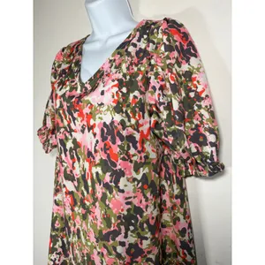 Michelle McDowell Shift Dress Pink Green Garden Party Puff Sleeve V-Neck Small thumbnail 3