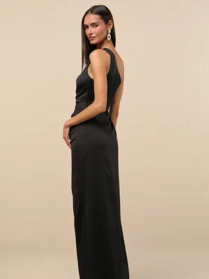 Lulus Dreaming of Elegance Black Satin One-Shoulder Maxi Dress Size Large thumbnail 2