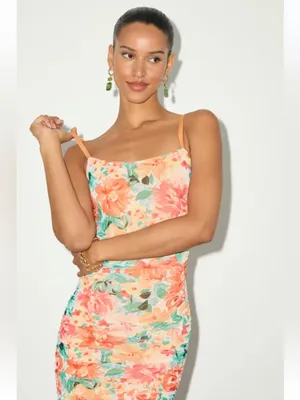 NWT * LULU’S Date Night Beauty Orange Floral Print Mesh Ruched Midi Dress Sm thumbnail 5