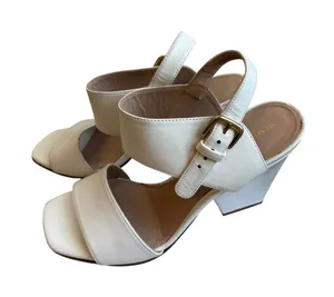 Stuart Weitzman Sandals Size 7 White‎ Leather Block Heel Square Toe Buckle Strap thumbnail 1