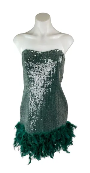 Lulus Especially Fabulous Emerald Sequin Feather Sleeveless Mini Bodycon Dress M thumbnail 1