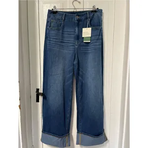 NWT Halara Flex Tall High Waisted Pockets Rolled Hem Wide Leg Washed Denim Large thumbnail 3