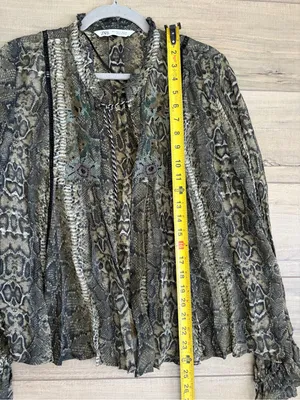 Zara Green Tan Python Snake Print Open Front Tassel Embroidered Blouse Large thumbnail 7