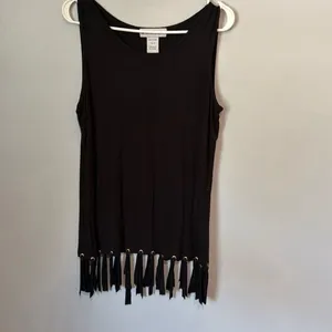 Seventh Avenue Black Sleeveless Tunic Top Fringe Hem Gold Grommet Detail Size M thumbnail 2