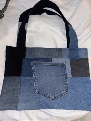 Denim Tote Bag Made Up Of All Different Swatches Of Denim Pocket On The Outside thumbnail 2