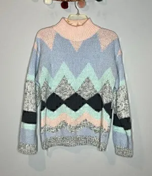 🔆 Vintage patterned colorful acrylic sweater Blue Size L thumbnail 1