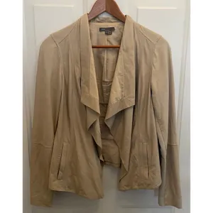 Vince Tan Beige Draped Open Front Leather Jacket‎ Ribbed Knit Sleeve Womens S thumbnail 2