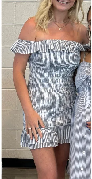 Abercrombie Striped Ruffle Ruched Dress thumbnail 1