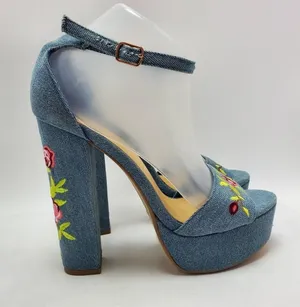 Heart in D Blue Denim Floral Embroidered Platform Heels Sandals Size 8 thumbnail 1