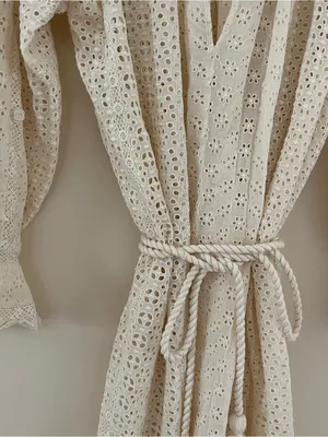 Doen Persephone Cream Eyelet Midi Dress with Tassel Belt in Magnolia NWT sz XXS thumbnail 9