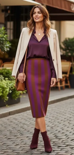 Anthropologie Striped Knit‎ Pencil Boho Skirt Purple Workwear Elegant Size L thumbnail 1