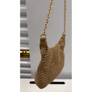Tan Woven Straw Baguette Shoulder Bag Gold Chain Strap Raffia Style Bag thumbnail 2