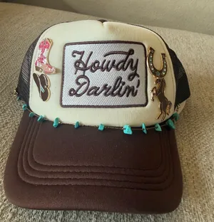 Howdy Darlin' Embellished Trucker Hat - Cream & Brown with Turquoise Accents thumbnail 1