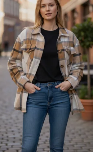 Women's Tan Flannel Plaid Shacket Jacket size Medium thumbnail 1