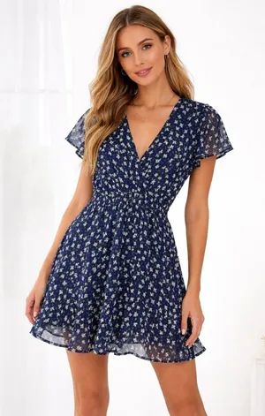 Francesca’s Mi‎ Ami Navy Floral Wrap Dress Short Sleeve Above Knee Size M thumbnail 1