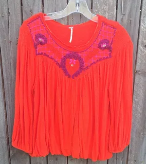 Free People Red Long Sleeve Embroidered Peasant Top thumbnail 1