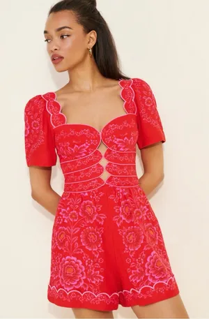 FARM Rio Olivia Red Floral Puff-Sleeve Mini Romper thumbnail 1