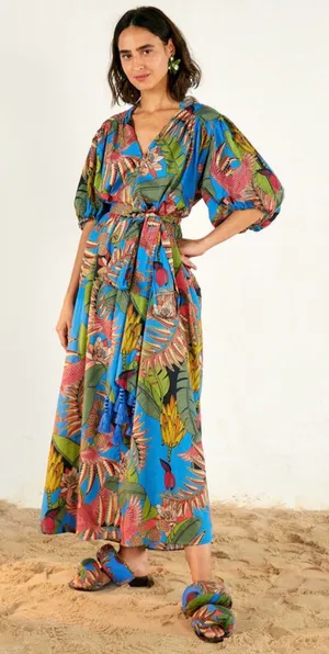 🌺✨ Farm Rio Totally Tuiuiu Tropical Floral Birds Wrap Maxi‎ Dress M ✨🌺 thumbnail 1