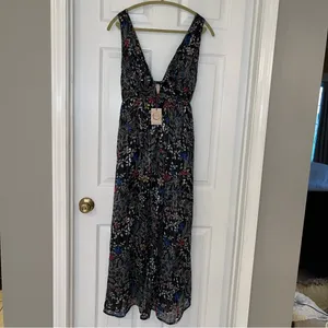 Anthropologie Raga Rain Forest Plunge Neck Maxi‎ Dress Black Floral Medium NEW thumbnail 2