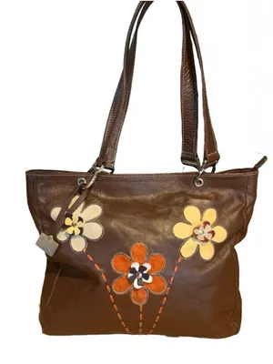 Arte Piel Brown Handcrafted W/Applique Flowers Leather Tote Shoulder Bag thumbnail 1