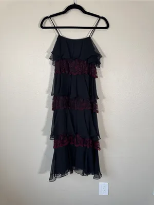 Vintage 90s Black Burgundy Lace Tiered Maxi Dress Womens S Whimsigoth Witchy thumbnail 12