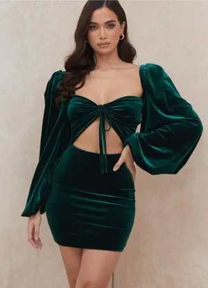 House of CB Abigail Emerald Velvet Mini Dress Womens S Teal Green Cutout Front thumbnail 1