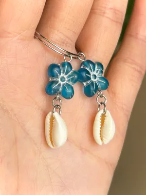 Handmade quality Czech glass flower beads & natural cowrie seashell hoop dangle earrings 🌀💕 thumbnail 6