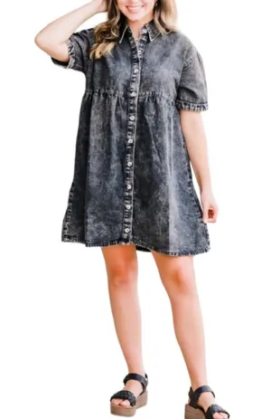 Charcoal Gray Black Acid Wash Button-down Short-sleeve Babydoll Dress W-672 Sz S thumbnail 1