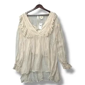 Maeve Anthropologie Ruffle Tunic Blouse Top Size 6‎ Beige Metallic Stripes NEW thumbnail 2