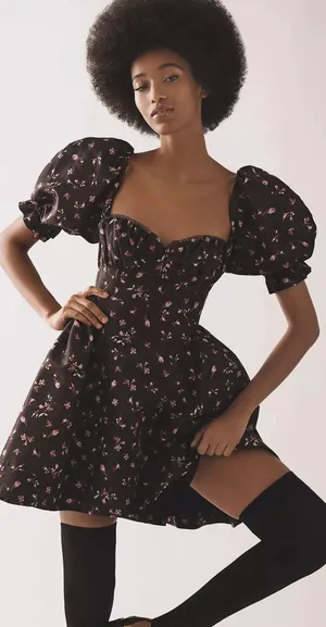 NWT $158 Anthropologie x Maeve Black Floral Puff-Sleeve Mini Dress w/ Pockets XS thumbnail 1