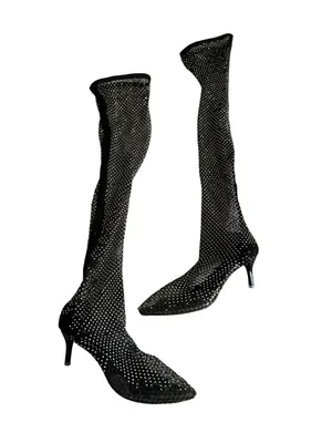 BLACK Mesh Rhinestone Pull On Boots Size JPN 24.5 / US 8.5 thumbnail 10