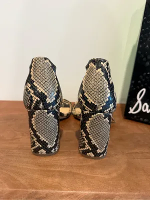 Sam Edelman Snake-Print Ankle-Strap Block Heels in Beige and Black thumbnail 3
