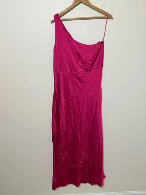Abercrombie & Fitch Fuchsia Satin One Shoulder Ruched Midi Dress XL Wedding thumbnail 8