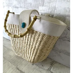 Unbranded Turquoise Straw Bamboo Handle Bag Lightweight Mini Snap Closure Yellow thumbnail 6