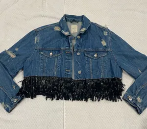 Zara Light Blue Distressed Denim Jacket with Black Fringe Detail thumbnail 1