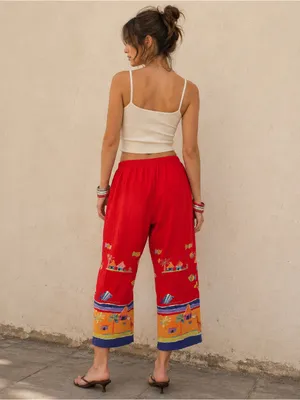 Vintage Y2K White Stag Red Wide Leg Capri Pants Cotton L Boho Resort thumbnail 3