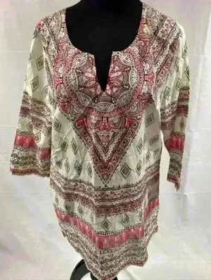 Tommy Bahama Paisley Multicolor V Neck Tunic Top Blouse Sheer Cover Up Women M thumbnail 1