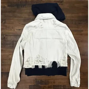 Free People Hoodie Jacket Women XS White Distressed Double‎ Weave Denim thumbnail 14