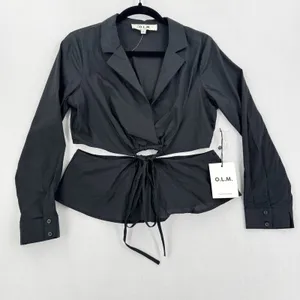 O.L.M. NWT Black Cutout O-Ring Tie Front Blouse L Long Sleeve Y2K Corsetcore thumbnail 1