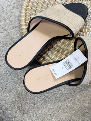 Ann Taylor Factory Women’s Slip-On Leather Raffia Wedge Sandals in Black Cream 8 thumbnail 13
