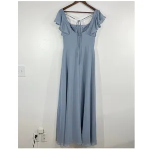 Azazie Womens A6 Dusty Blue Chiffon Flutter Sleeve Floor Length Bridesmaid Dress thumbnail 4