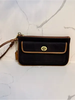 Vintage Coach Black Fabric & Tan Leather Turn-lock Wristlet Pouch thumbnail 2