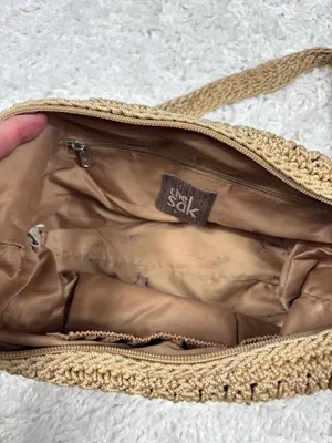 The Sak Tan Crochet Knit Boho Shoulder Bag Zip Top Beige Hobo Purse Lined thumbnail 4