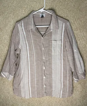 d-a-s-h cotton top tan white striped roll tab 3/4 sleeve‎ button down shirt M thumbnail 1