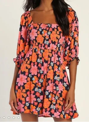 NWT Lulus Pollen in Love Navy Blue Floral‎ Puff Sleeve Mini Skater Dress SMALL thumbnail 1