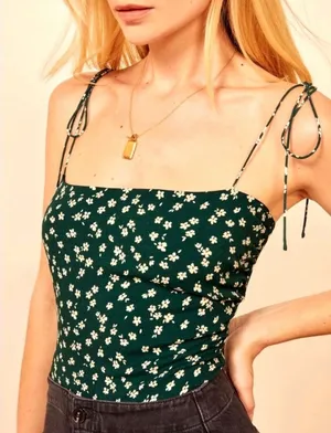 Reformation Green Ditsy Floral Tie Shoulder Smocked Cami Top Women Size 12 Boho thumbnail 1