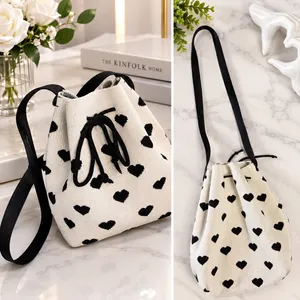 Knit Heart Pattern Drawstring Bucket Crossbody Bag 🖤✨ White thumbnail 2