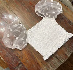 idem ditto White Smocked Puff Sleeve Crop Top NWOT Size Medium Sheer Polka Dot thumbnail 1
