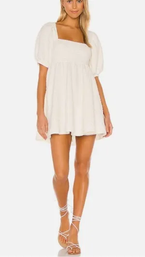 FREE PEOPLE Violet Puff Sleeve Tie Back Babydoll Mini Dress in White Size M (?) thumbnail 2